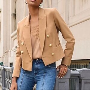 Express Cropped Double Breasted Blazer Suit Jacket Cognac Tan Gold Buttons L